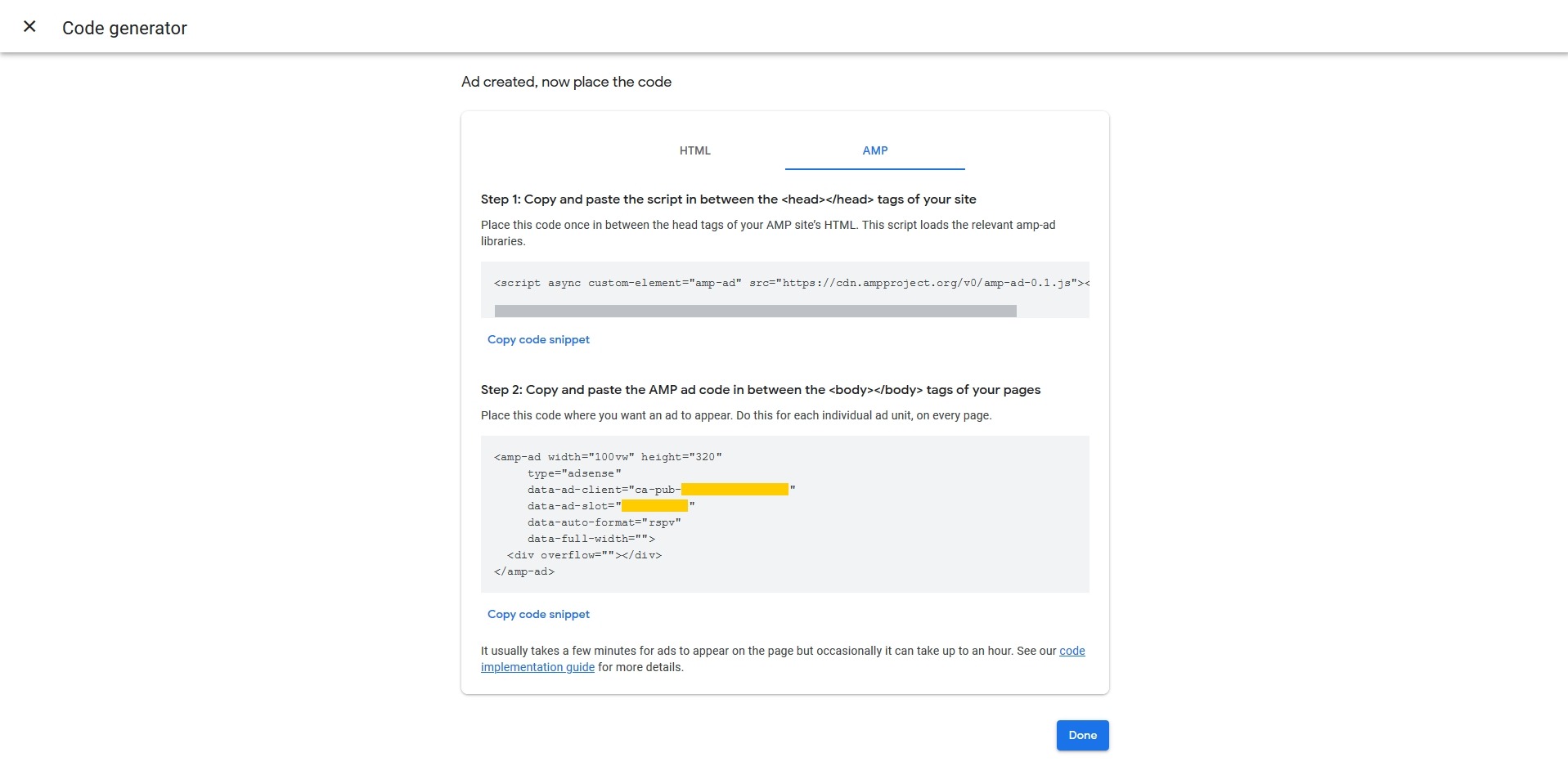 Code generator on Google AdSense account