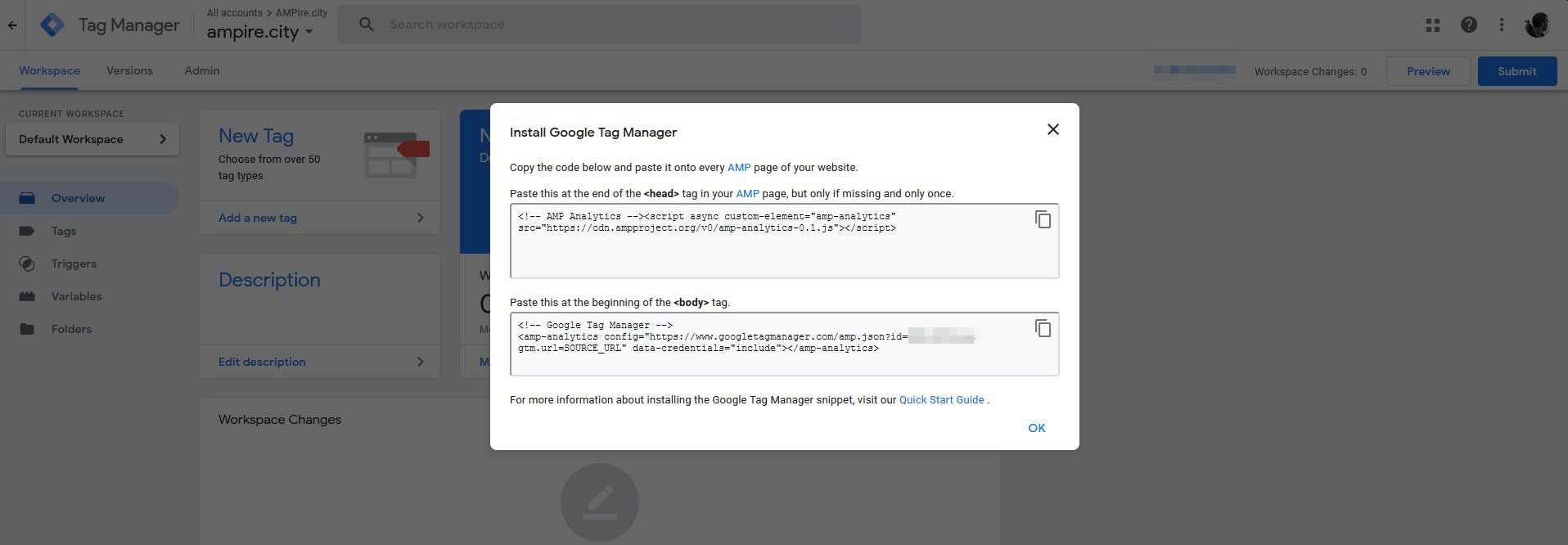 Google Tag Manager code example for AMP Website